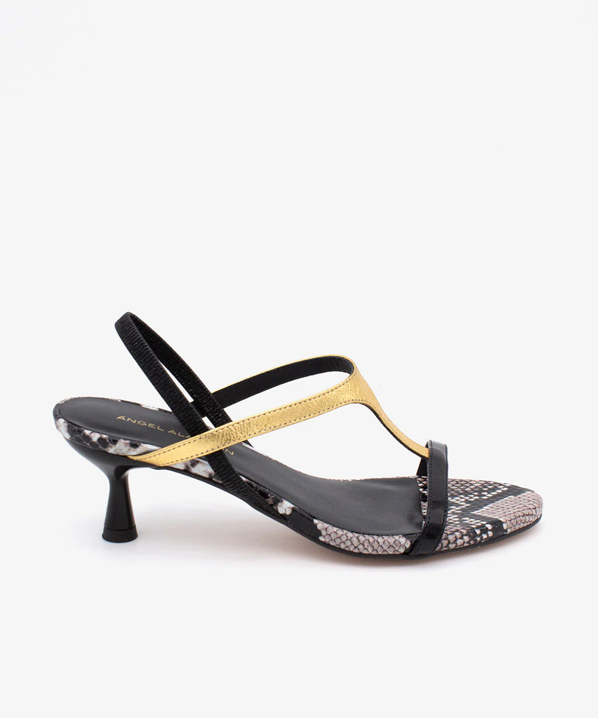 CINZA – Sandalia elegante de tacón de piel print serpiente, negro y dorado