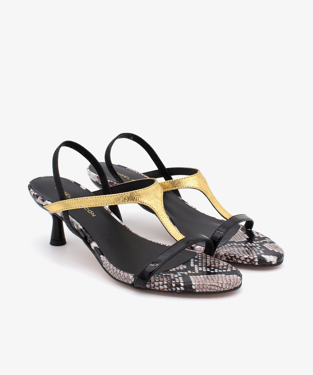CINZA – Sandalia elegante de tacón de piel print serpiente, negro y dorado - Image 2