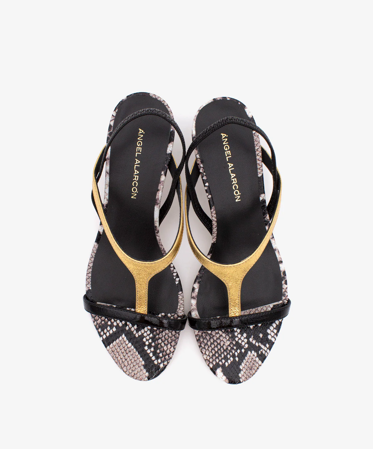 CINZA – Sandalia elegante de tacón de piel print serpiente, negro y dorado - Image 4