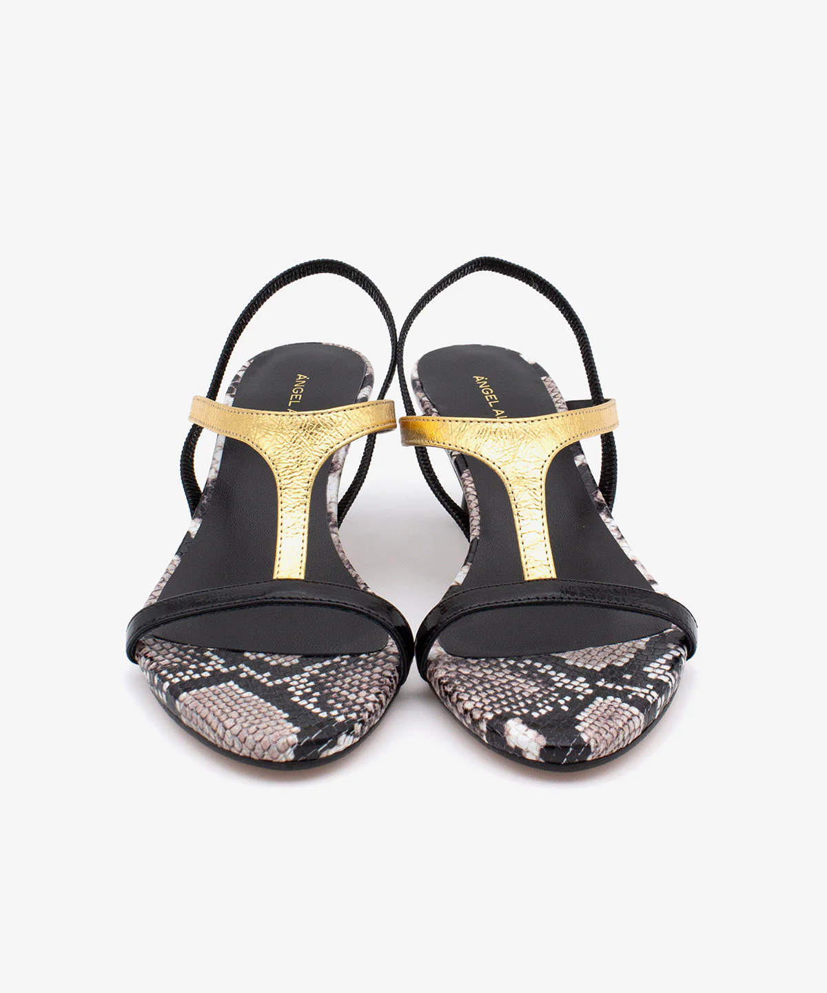 CINZA – Sandalia elegante de tacón de piel print serpiente, negro y dorado - Image 5