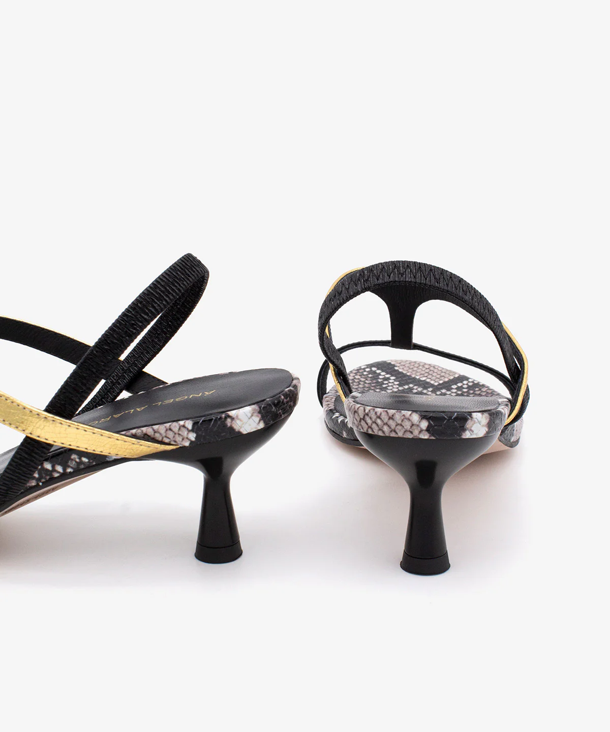 CINZA – Sandalia elegante de tacón de piel print serpiente, negro y dorado - Image 6