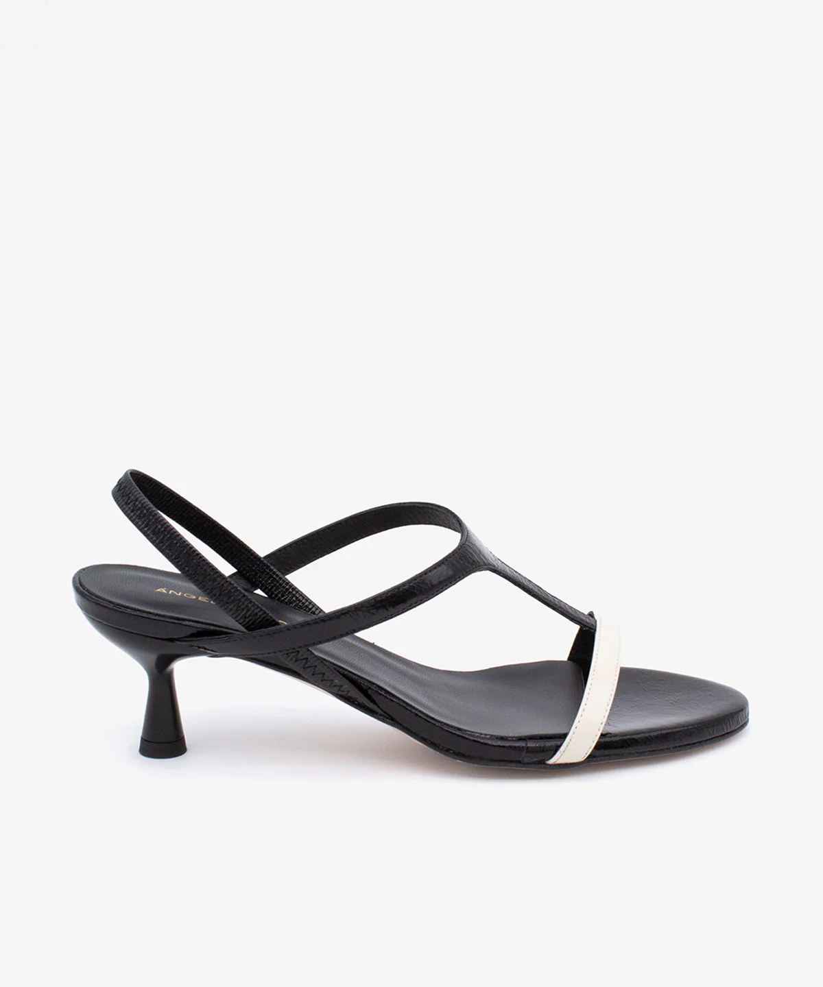 CINZA – Sandalia elegante de tacón fino medio en piel brillante negro y blanco
