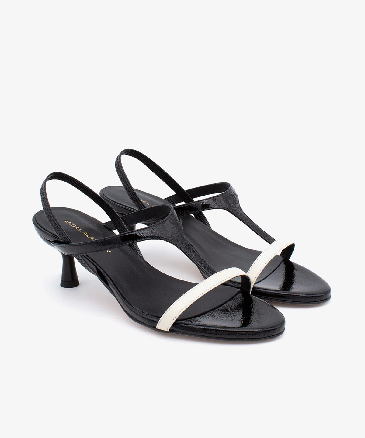 CINZA – Sandalia elegante de tacón fino medio en piel brillante negro y blanco - Image 2