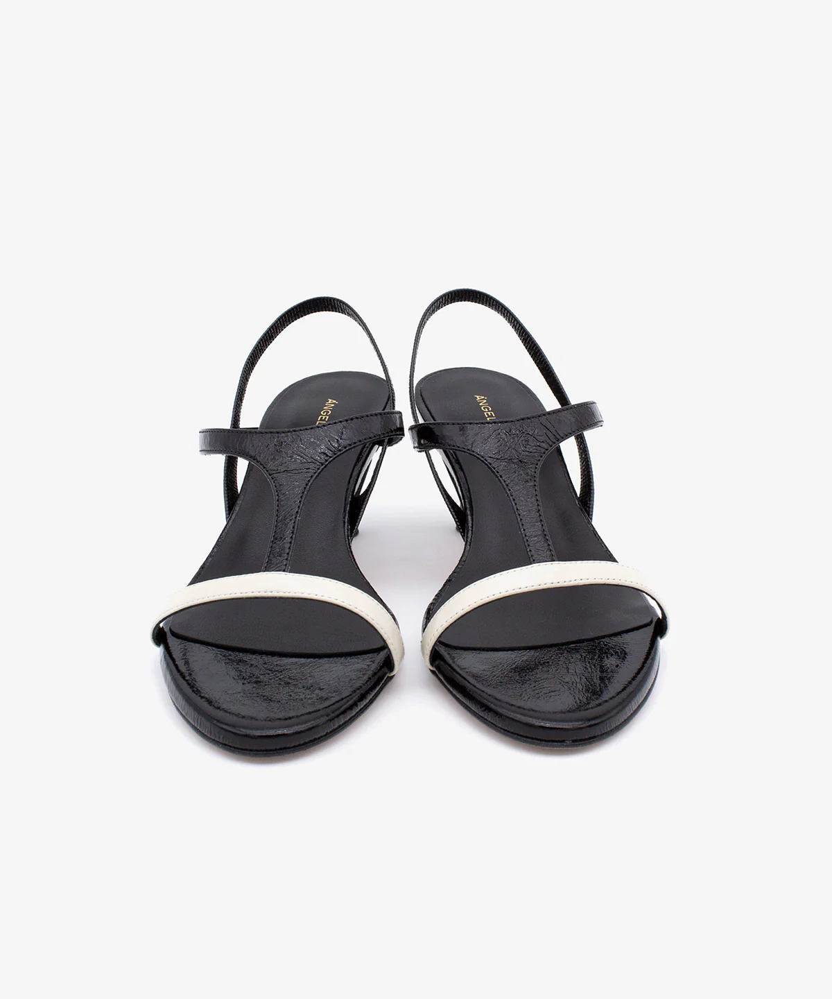 CINZA – Sandalia elegante de tacón fino medio en piel brillante negro y blanco - Image 5