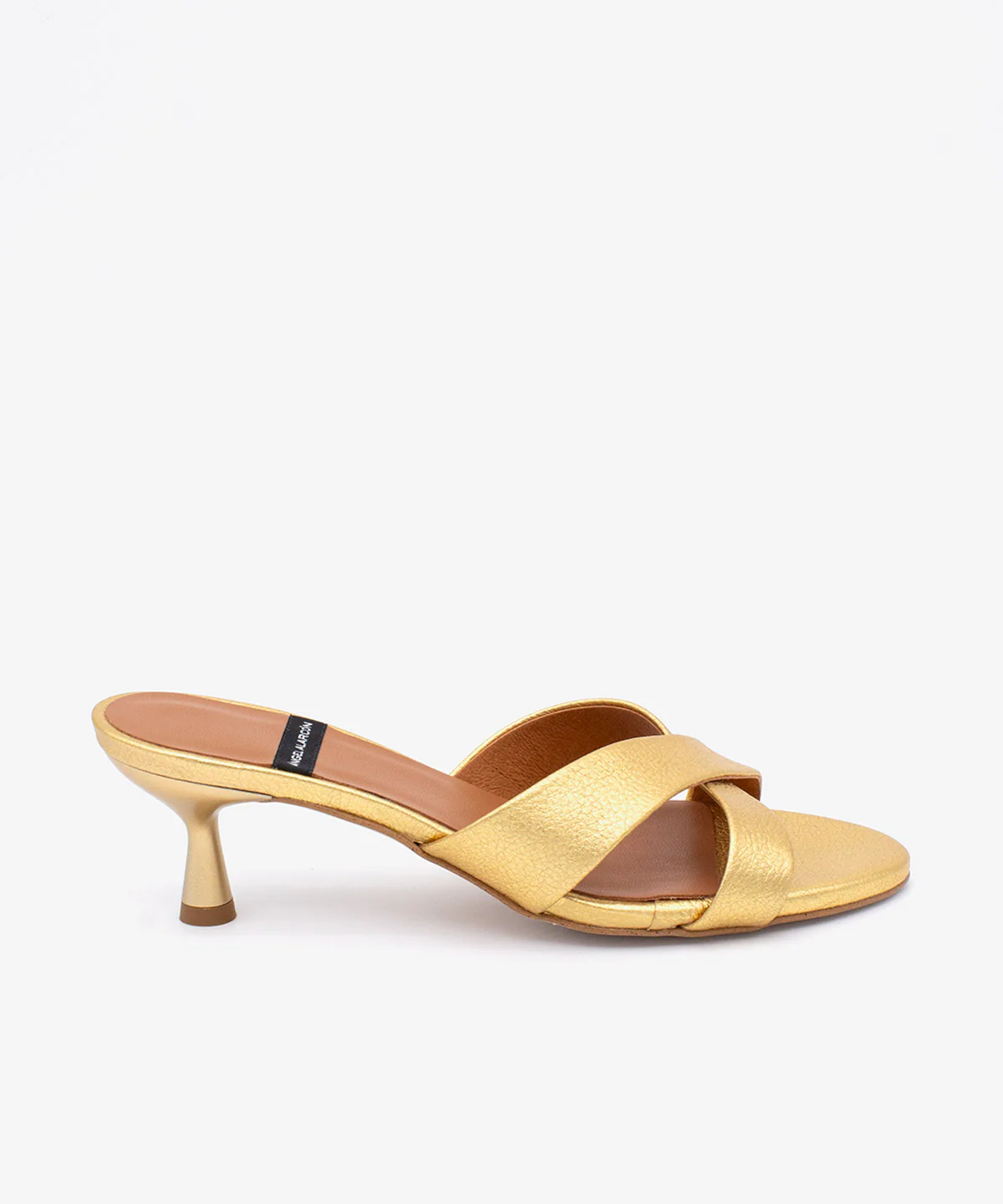ELODIA – Mules de tacón fino cómodo con pala cruzada de piel metalizada - Image 5