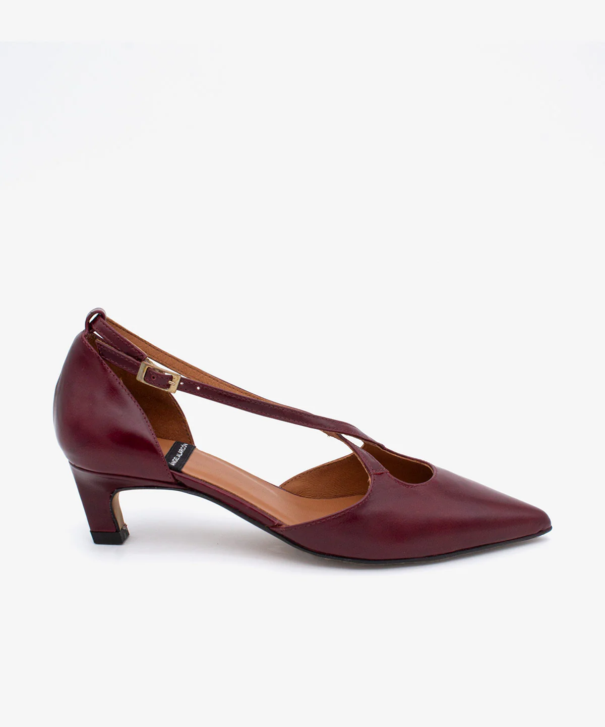 JOLIE – Zapato de pala y talón con cierre cruzado y tacón mini de piel con brillo