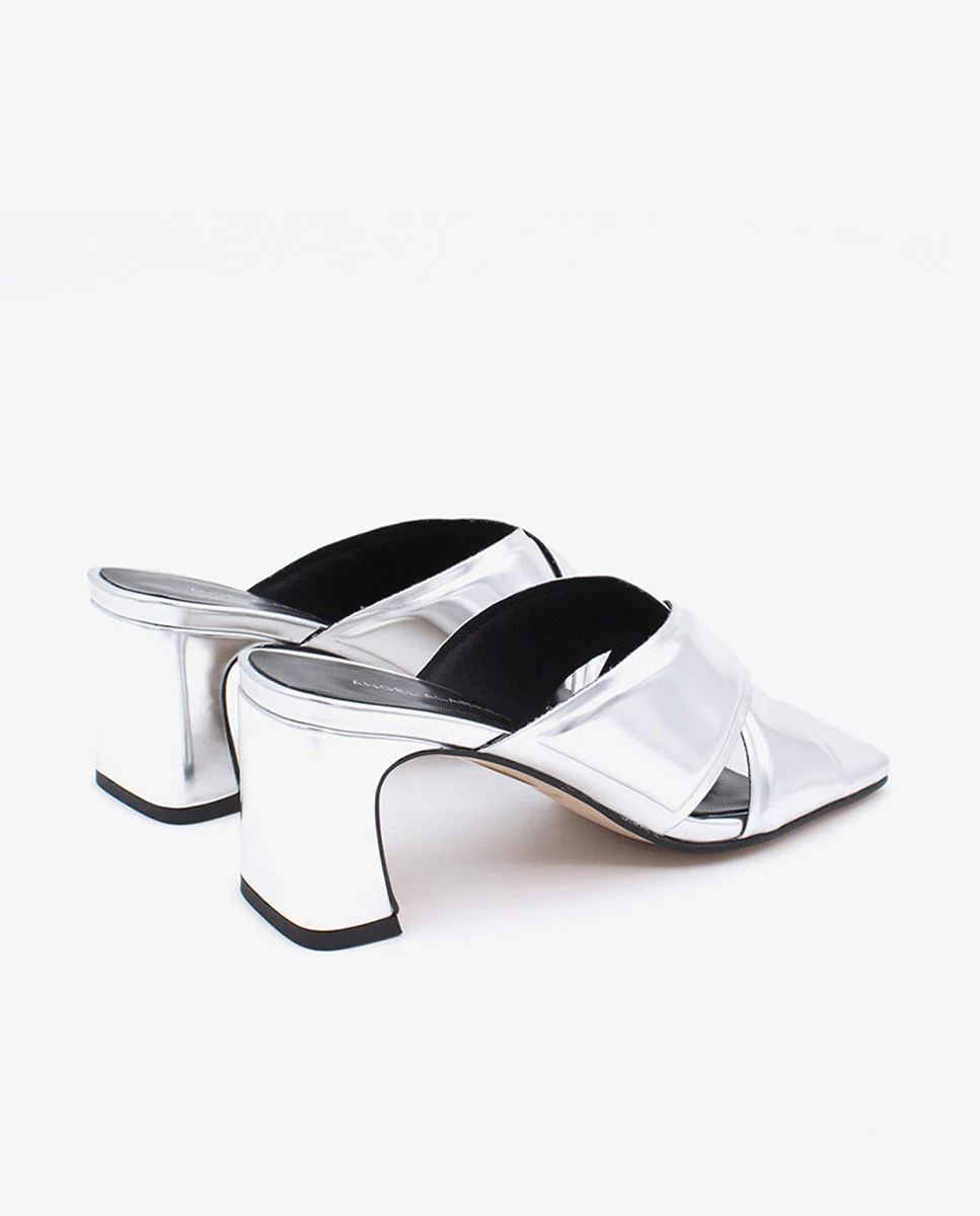 WANDA – Mules sandalias con pala cruzada acolchada y tacón ancho metalizado - Image 3